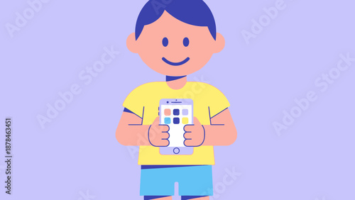 Cartoon boy holding a remote control happily smiling.