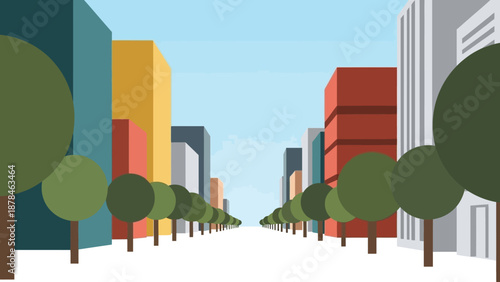 Urban landscape with modern buildings and trees.
