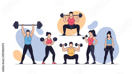 Group of athletic men and women exercising with dumbbells and barbells, engaged in weightlifting and strength training.