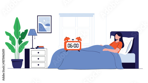 Woman in bed with an alarm clock set for 5:00 AM, getting ready to wake up early and start her daily routine.
