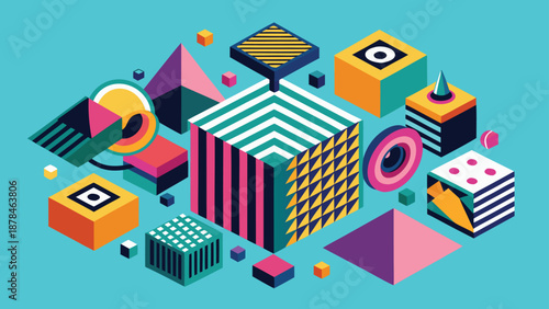 An abstract image showcasing a variety of colorful cubes and shapes, creating an engaging and lively visual experience..eps