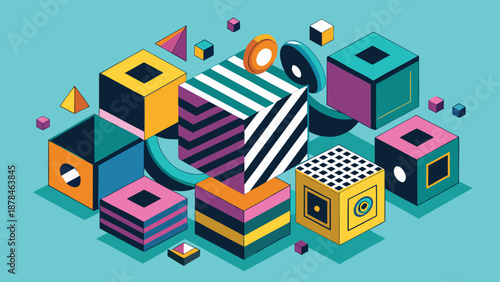 vibrant abstract design featuring colorful cubes and geometric shapes arranged in a dynamic composition..eps