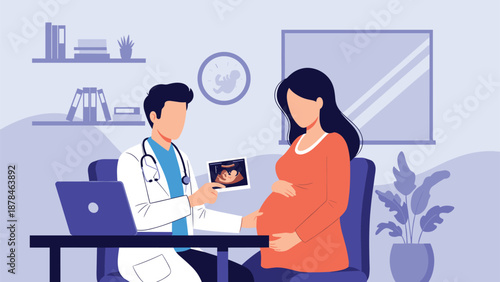 Doctor showing an ultrasound scan image to a pregnant woman during a prenatal checkup at the gynecology clinic.