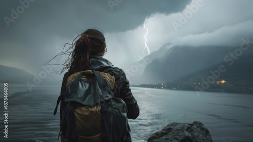 Adventurous Woman with Backpack Watching a Powerful Lightning Strike Over a Stormy Lake and Fjord