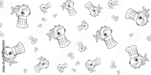 Whimsical illustration of a fish chef with a chef's hat and a happy expression, set against a white background