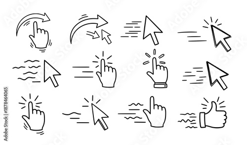Hand drawn cursor click icons doodle vector set