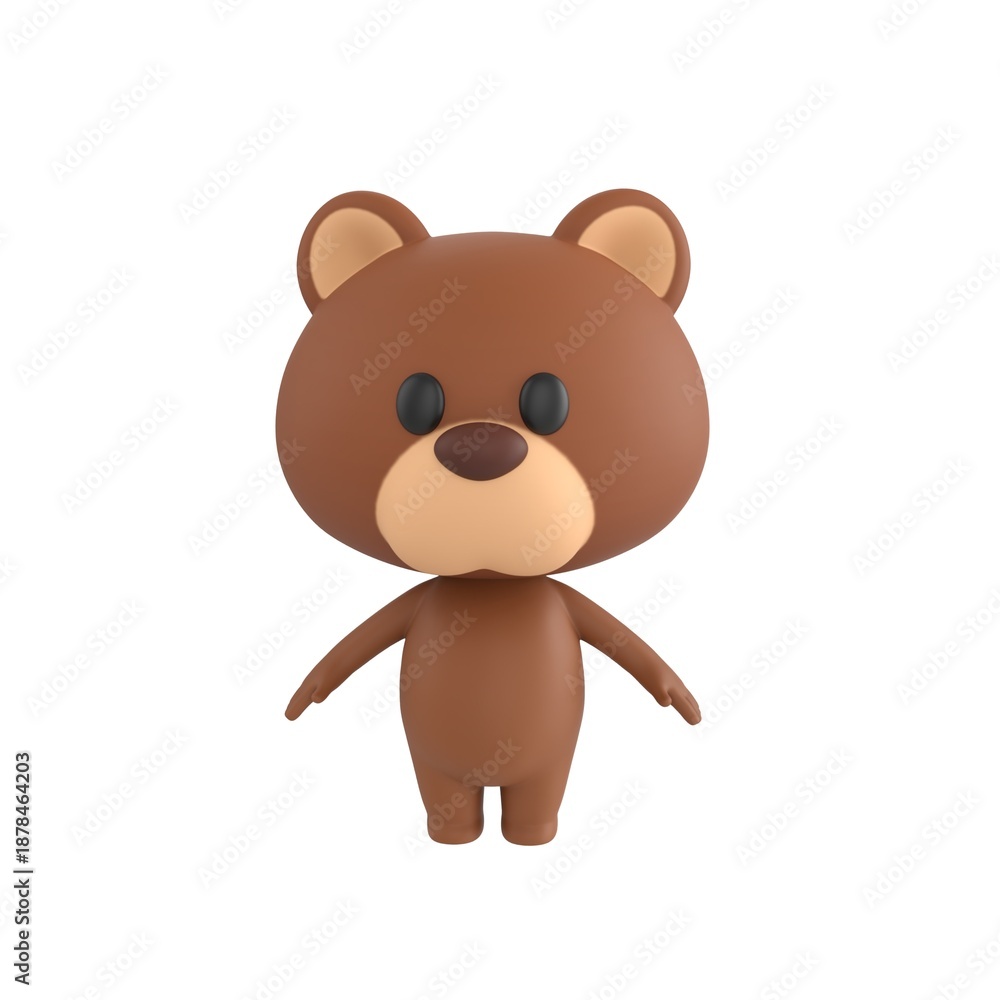 Fototapeta premium Cute 3D render Brown Bear character standing upright with arms slightly outstretched, neutral and friendly mascot style, isolated on white background.