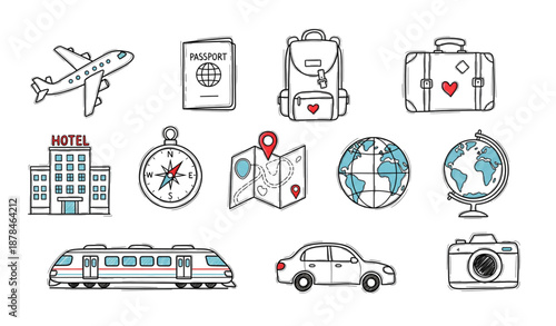 Hand drawn travel and tourism icons vector set. Doodle style
