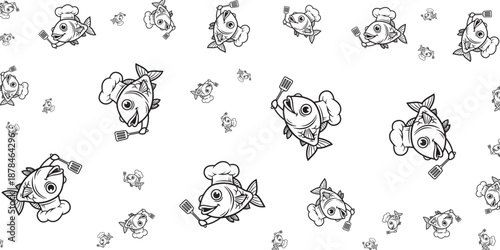 Cartoon Chef Fish With Forks Seamless Pattern Black And White
