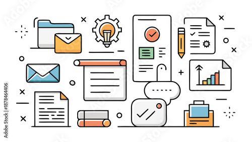 Document icons featuring various designs on a blue background, illustrating a range of file formats and styles..eps