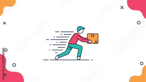 Cartoon courier running fast to provide express delivery service, carrying a cardboard package for shipment.