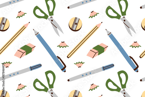 Seamless stationery pattern with writing and drawing tools, vector flat cartoon illustration in playful style. Pens, pencils, erasers, scissors, sharpener for school theme, education, creative hobbies