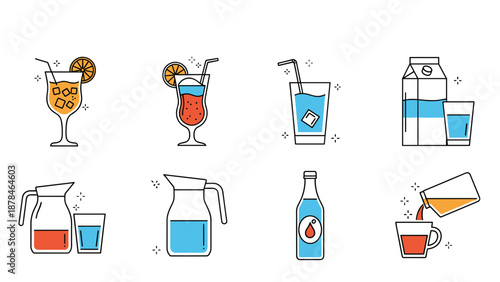 Colorful line icon set of various beverages, including cocktails, juice, water, and milk in glasses and pitchers.