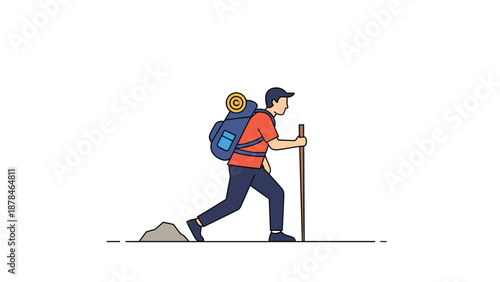 Minimalist cartoon illustration of a male hiker with a large backpack and walking stick trekking through a natural, outdoor environment.