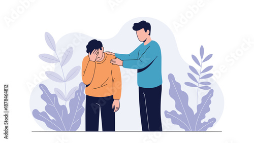 Flat vector illustration of a compassionate man offering comfort and support to a sad friend who is covering his face in distress.