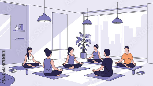 Group of diverse people practicing yoga and meditation together in a bright, modern studio with a city skyline view through the window.