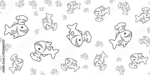 Cute cartoon fish wearing chef hats, a playful and whimsical illustration for culinary themes