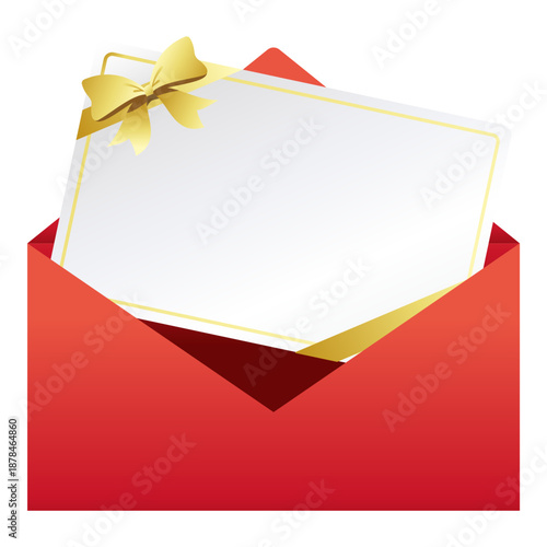 金のリボンのついたメッセージカードと赤い封筒のイラスト素材。
