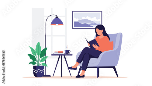 Flat vector illustration of a young woman relaxing in a cozy armchair, reading a book in a comfortable and peaceful home interior.