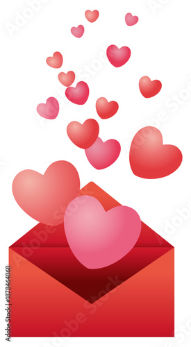 封筒から溢れ出るたくさんの赤いハートマークのイラスト。