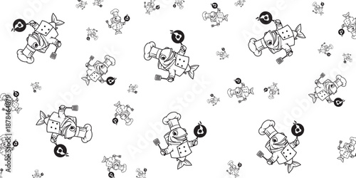 Whimsical chef frog characters with cooking tools and food items in a pattern