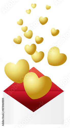 封筒から溢れ出るたくさんの金のハートマークのイラスト。