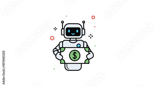 A friendly cartoon robot holding a large dollar bill, illustrating concepts of automated finance, fintech, or making money with AI.