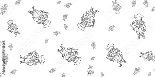 Whimsical Pattern of Cartoon Chefs Cooking with Various Utensils and Food Items