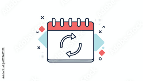 A modern flat icon of a calendar with circular arrows inside, symbolizing a recurring event, schedule synchronization, or renewal.