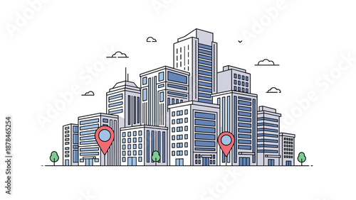 Line art illustration of a modern city skyline with skyscrapers, featuring two red map location pins indicating specific destinations.