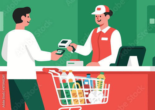 Payment at the Supermarket Cashier Illustrator Artwork Creative Design Template 