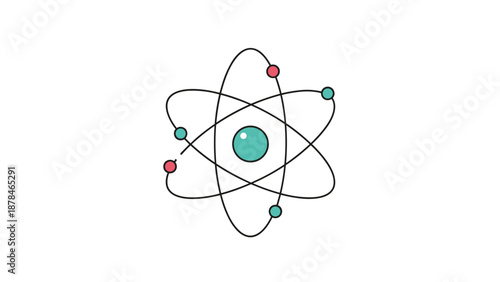 A simple, colorful cartoon illustration of a classic atomic model with a central nucleus and electrons on orbiting elliptical paths.