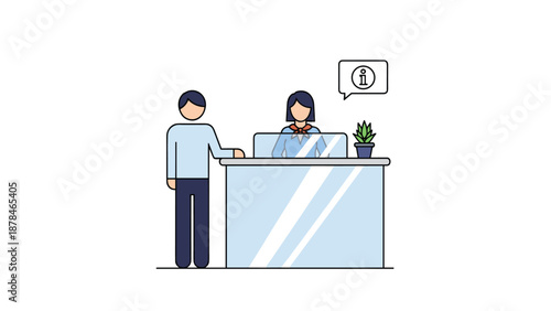 A minimalist illustration of a customer standing at an information desk or reception counter, speaking with a female receptionist.