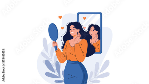 An illustration of a happy, confident woman looking at her reflection in a mirror, promoting self-love, acceptance, and body positivity.