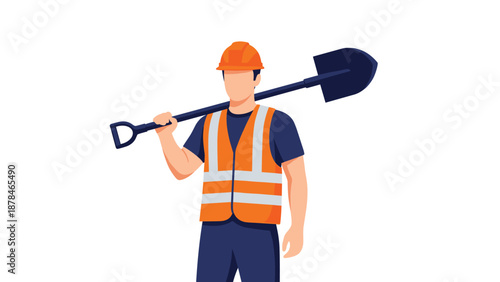 A faceless illustration of a male construction worker wearing an orange hard hat and safety vest, holding a shovel over his shoulder.