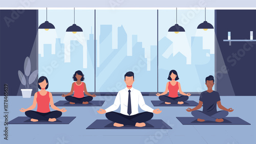 A group of diverse office workers, including a man in a shirt and tie, meditating together in a modern office with a city view.