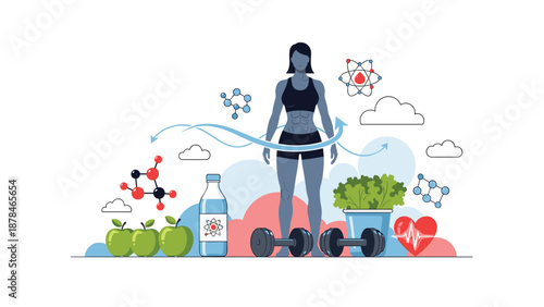 A health and fitness concept illustration showing a fit woman surrounded by healthy food, dumbbells, and scientific symbols of metabolism.