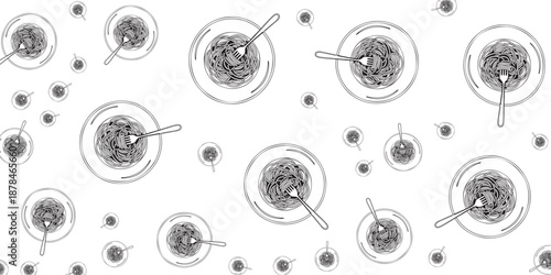 Abstract overhead view of many small bowls filled with food and cutlery, a repeating pattern