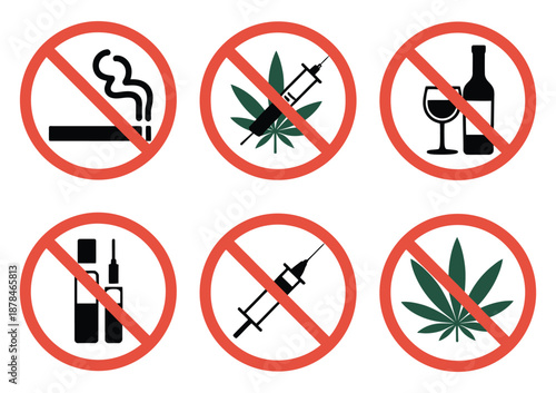 Forbidding vector signs, prohibition symbols showing no smoking drugs vaping alcohol, isolated warning icons for safety health and educational design.