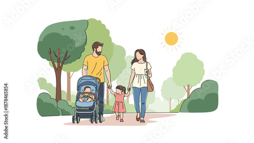 A happy family with two young children, one in a stroller, taking a leisurely walk together in a green park on a sunny day.