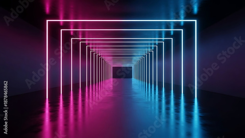 Pink and blue neon square tunnel corridor with reflections on dark floor