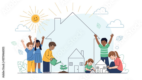 A charming illustration of diverse children playing and caring for the environment around house outlines, under a smiling sun.