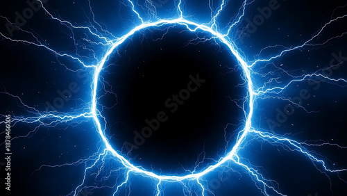 Circular electric energy portal with blue lightning discharge on black background