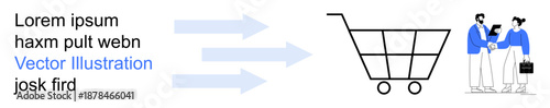 Online shopping, business transactions, retail, digital commerce, customer interaction, and sales processes. Arrows pointing to a shopping cart and two people interacting. Online shopping