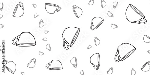 Seamless pattern of white outline coffee cups and saucers on a white background