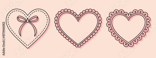 Three Decorative Heart Outlines with Bow and Scalloped Edges on a Pink Background hearts love