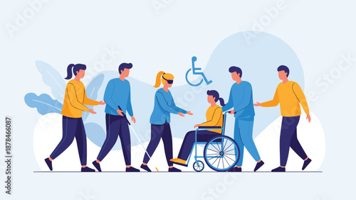 An illustration promoting disability inclusion and accessibility, showing people helping a person in a wheelchair and a blind person.