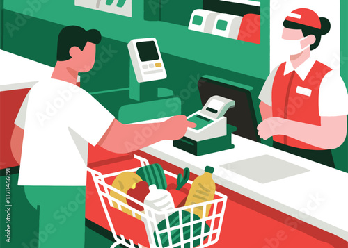 Payment Process at the Supermarket Cashier Illustrator Artwork Creative Design Template 