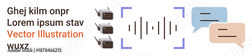 Audio communication, sound recording, podcasting, speech-to-text, collaboration, digital media. Microphones, sound wave and speech bubbles. Audio communication and sound recording concept