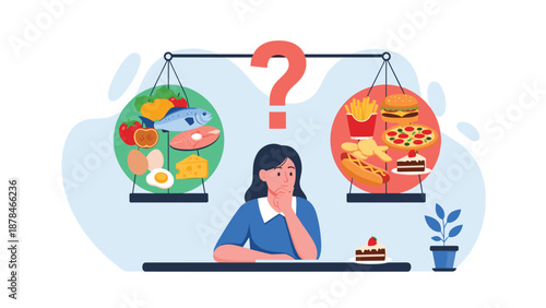 A woman thoughtfully choosing between healthy food and junk food, which are balanced on a scale with a large question mark above.